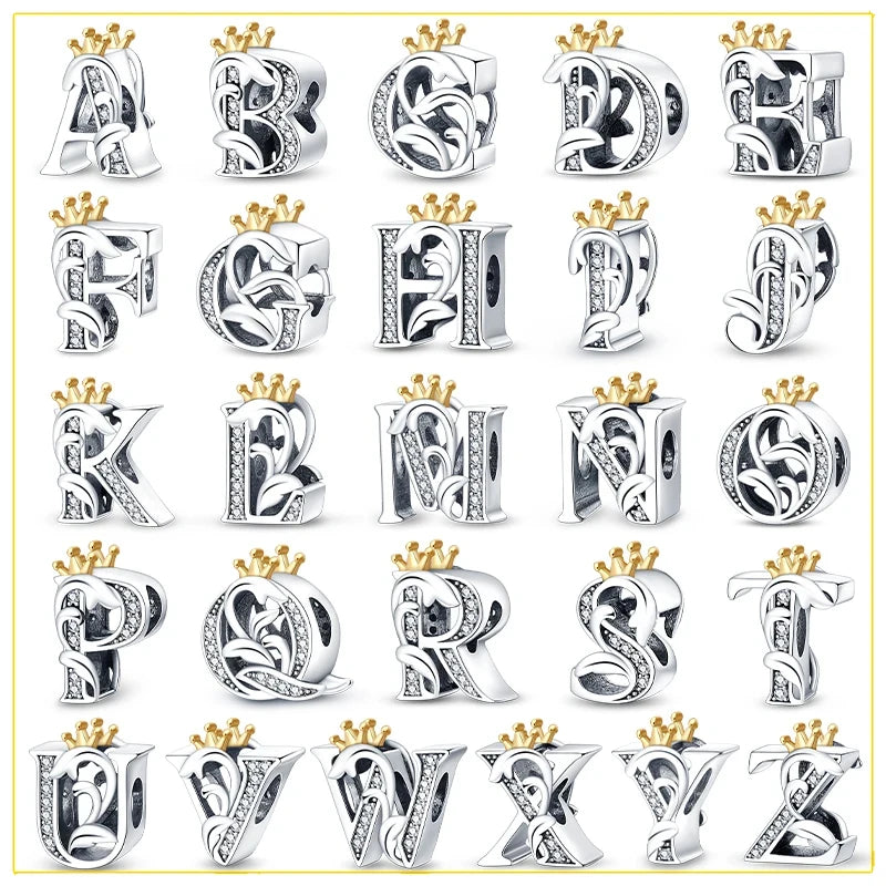 925 Sterling Silver 26 Alphabet A-Z Crown Letters Charms Bead Fit Original Bracelet Fine DIY Charm For Woman Anniversary Jewelry