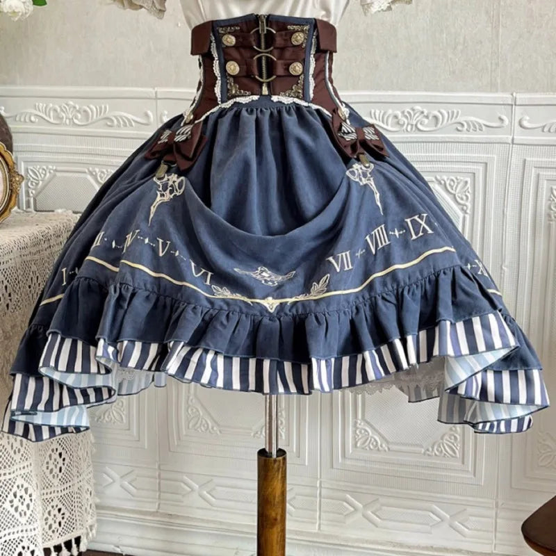 Vintage Gothic Lolita Dress Set Women Sweet Princess Puff Sleeve Shirt Girdle Y2k Skirt 3 Piece Set Punk Halloween Party Outfits