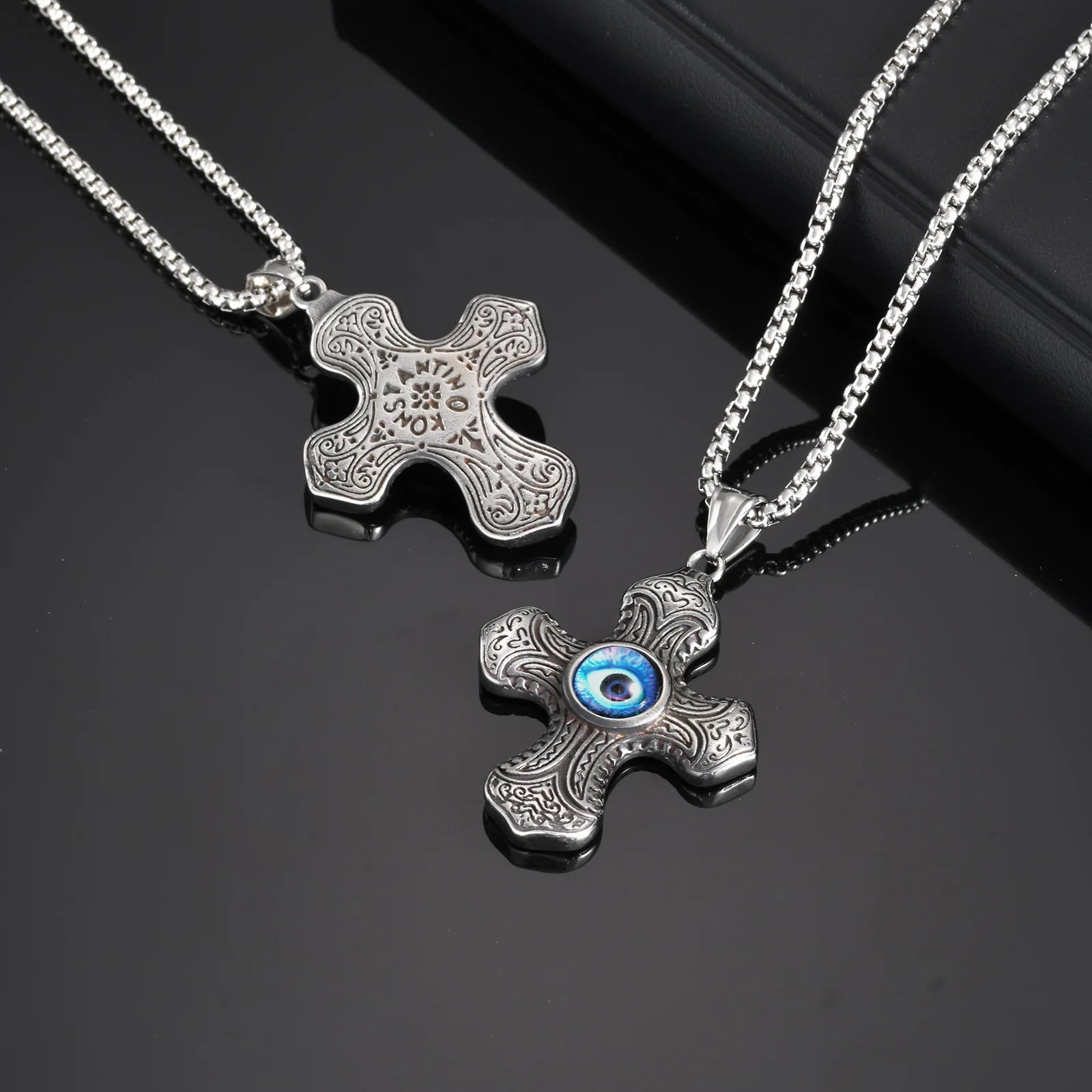 Vnox Vintage Turkish Evil Eye Centered Cross Necklaces for Men Boys, Punk Ethnic Tribal Textured Cross Pendant Collar