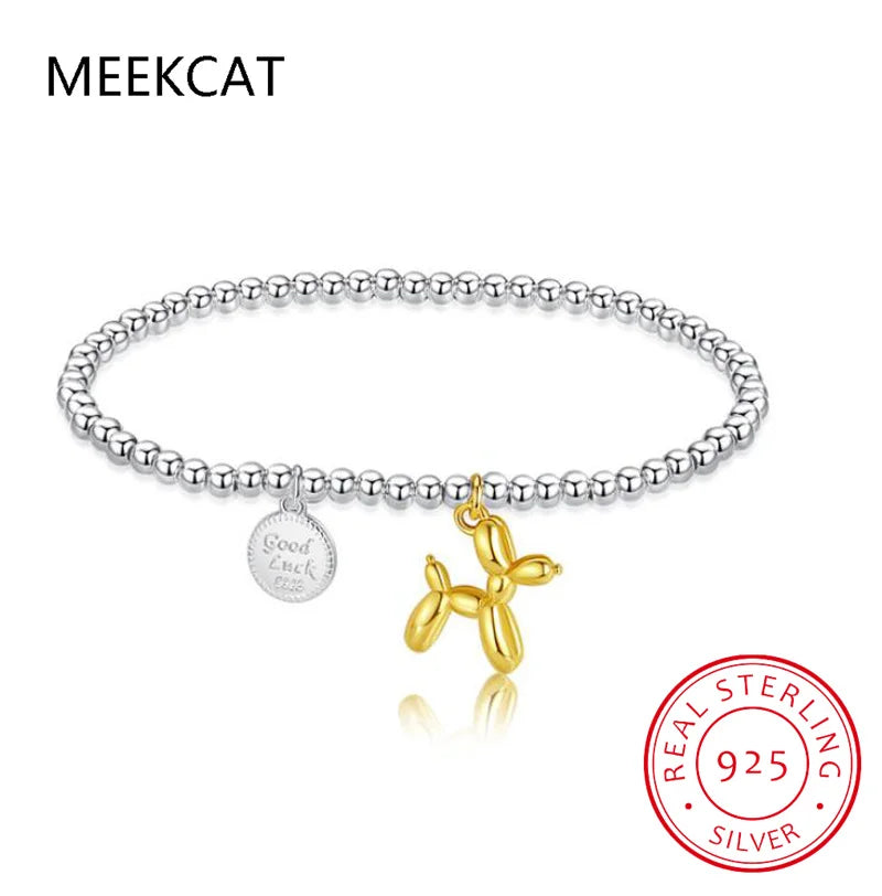 Genuine 925 Sterling Silver Minimalist 3mm Beads Animal Balloon Dog Elastic Bracelet For Women Wedding Jewelry DA2609