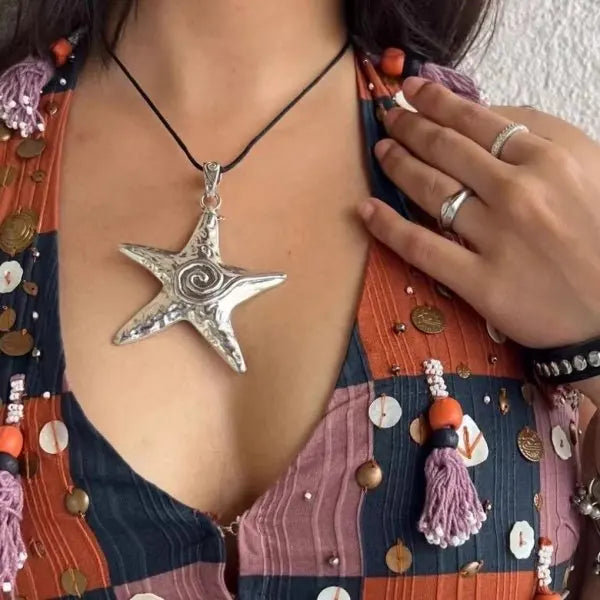Exaggerated Metal Big Starfish Pendant Necklace for Women Silver Color Punk Gothic Star Chain Choker Girl Party Y2K Jewelry