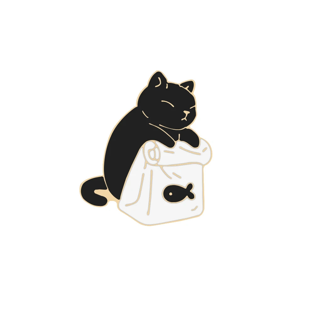 Cat Lover Collection Brooches Cute White Black Cat Badges Pins Sleepy Hug Kitty Enamel Pins Coat Hat Animal Decoration Jewelry