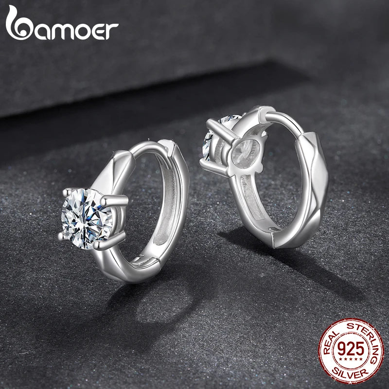 BAMOER 0.5CT Sparking Moissanite Hoop Earrings Geometri Huggie Earring 925 Sterling Silver Jewelry for Women Hypoallergenic Gift