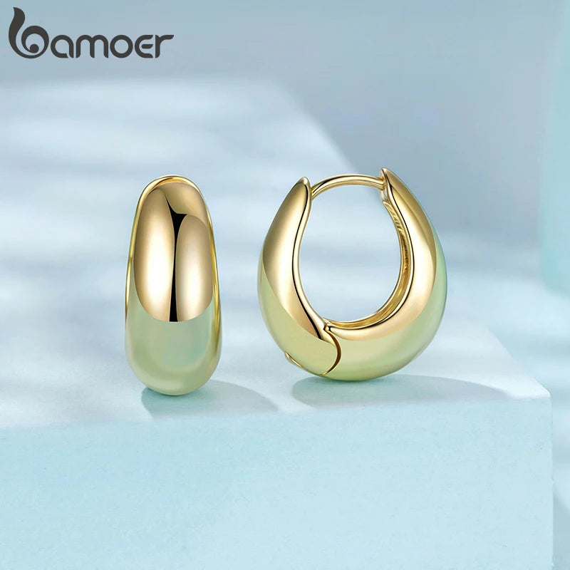 BAMOER 18K Gold Plated 925 Sterling Silver Post Glossy Hoop Earrings, High Polished Trendy Fashion Statement Jewelry for Women