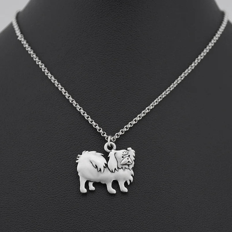 Retro Silver Color Chow Chow&Papillon Pendant Necklace Women Stainless Steel Long Chains Pekingese Dog Necklaces For Men Jewelry