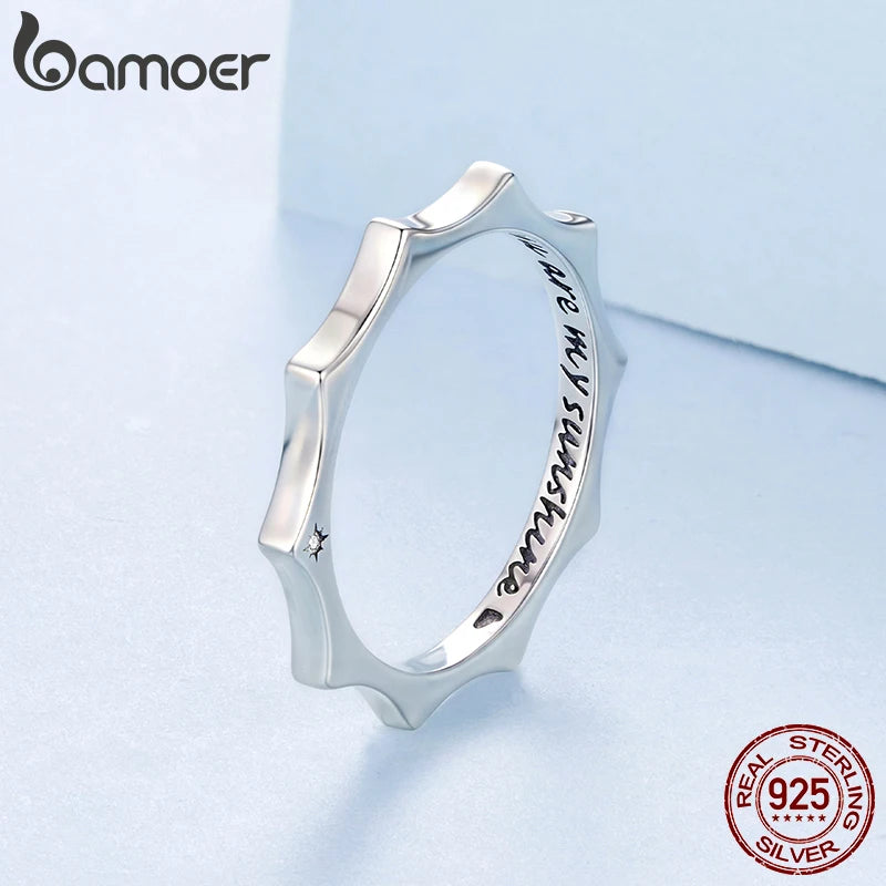 BAMOER 925 Sterling Silver Curved Sun Ring Engraved 'you are my sunshine’ Band Ring Original for Women Simple Statement Gift