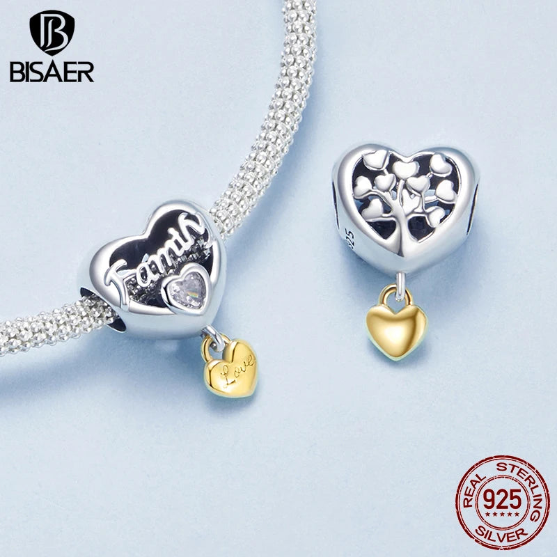 BISAER 925 Sterling Silver Eternal Love Family Charm Bead Lock Key Heat Mom Pendant For Women DIY Bracelets Fine Jewelry Gift
