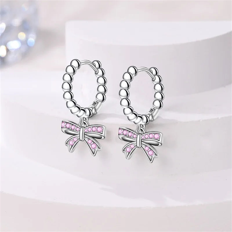 Sweet Bows Earrings 925 Silver Shining Heart Shaped Zircon Hoop Earrings For Women Engagement Birthday Proluxy Fine Jewelry Gift