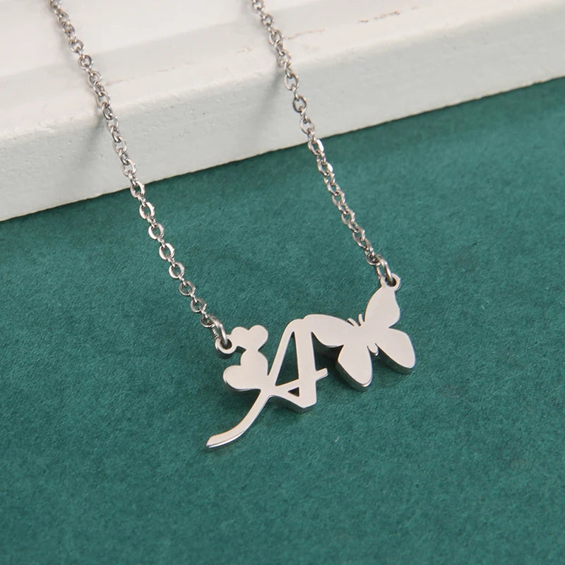 New Fashion 26 Initials Letter Pendant Butterfly Necklace for Women Elegant Stainless Steel Gold Color Necklace Jewelry Gift
