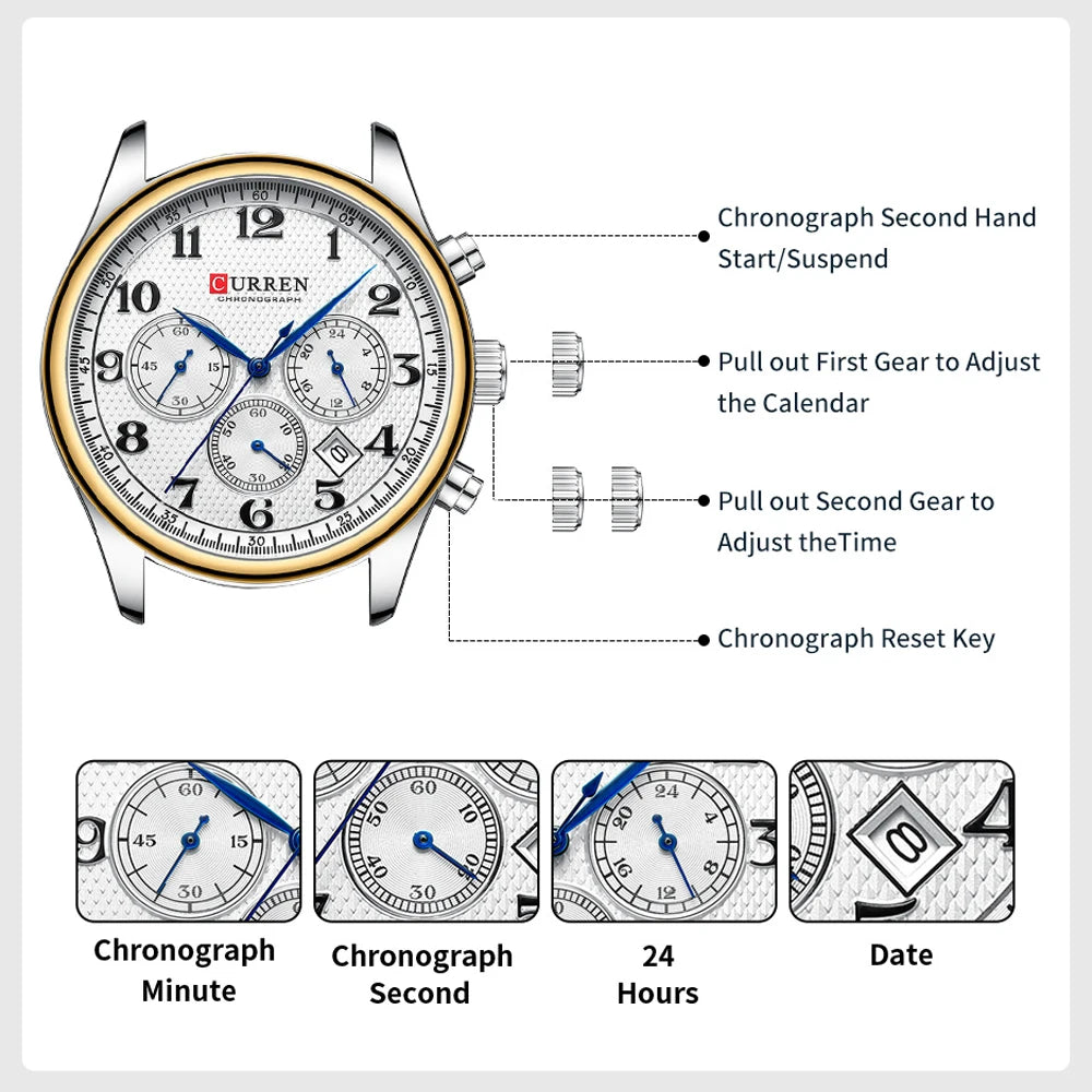 Montre homme CURREN, marque de luxe, montre-bracelet à quartz - Chronographe, cadran rond avec date automatique, étanche