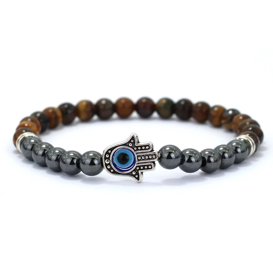 Turkey Evil Eyes Bracelet Men Handmade Fatima Hand Braslet Natural Hematite Stone Healing Braclet Pulseria Homme Lava Brazalete