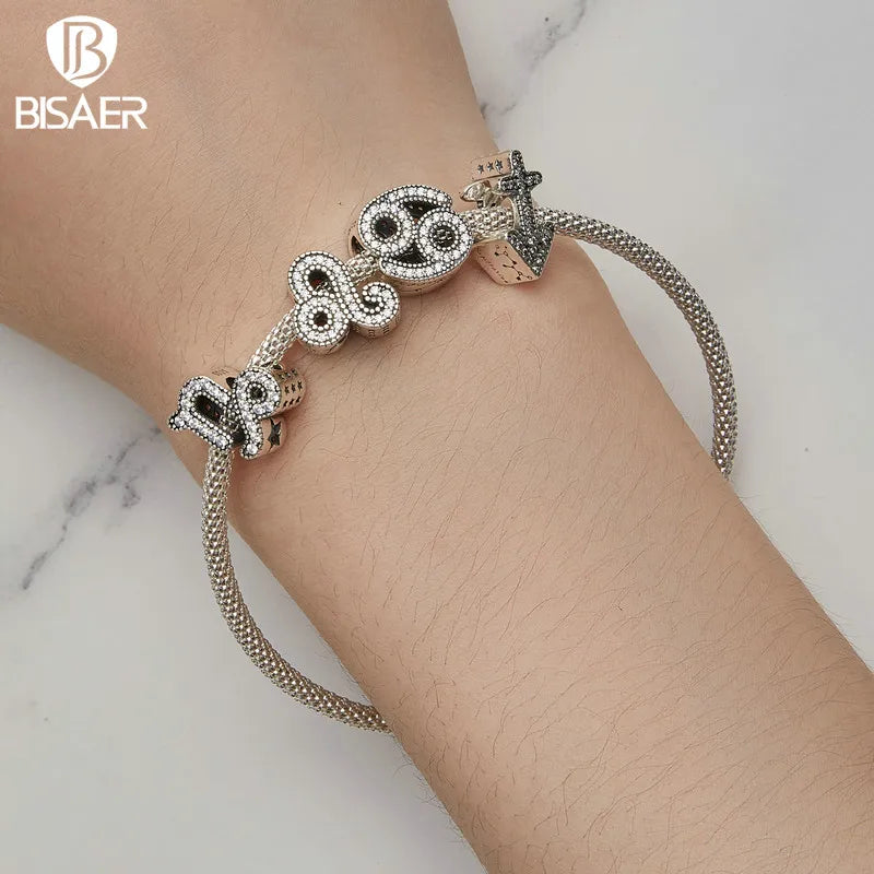 BISAER 925 Sterling Silver 12 Constellation Charms Aries Libra Beads Fit Women DIY Bracelet Necklace Fine Jewelry Birthday Gifts
