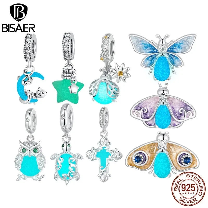 BISAER 925 Sterling Forever Luminous Star Wishing Bottle Charm Bead Moon Cat Owl Pendant Fit Women DIY Bracelet Fine Jewelry