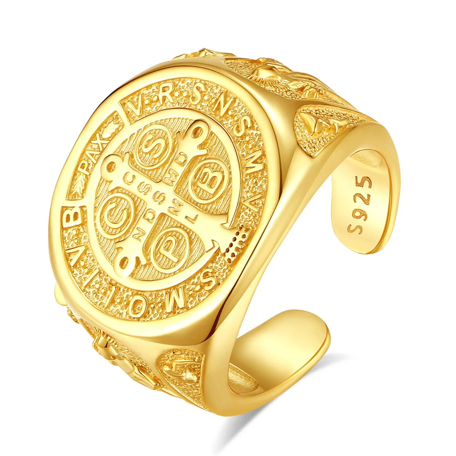 Eudora 925 Sterling Silver Saint Benedict Medal Adjustable Ring 18K Gold San Benedict Cross Amulet Ring Religious Jewelry Gift