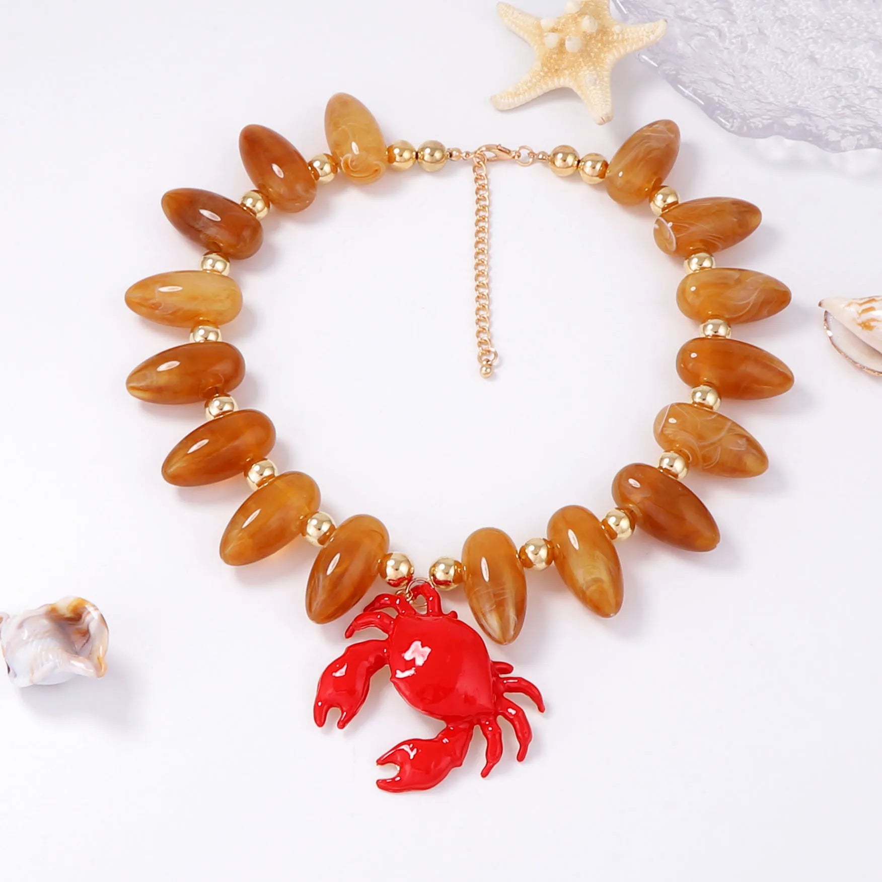 Exaggerated Leisure Vacation Style Bead Alloy Crab Pendant Necklace