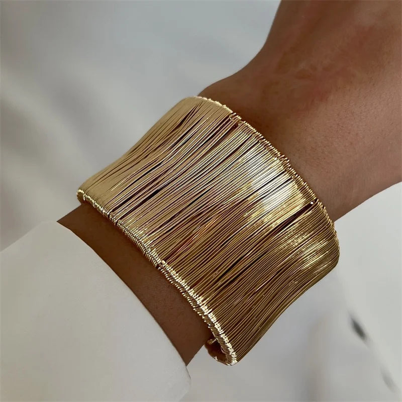 Classic Punk Wide Open Cuff Bracelet Bangle For Women Men Gold Color Punk Metal Wire String Exaggerated Bracelets Charm Jewelry
