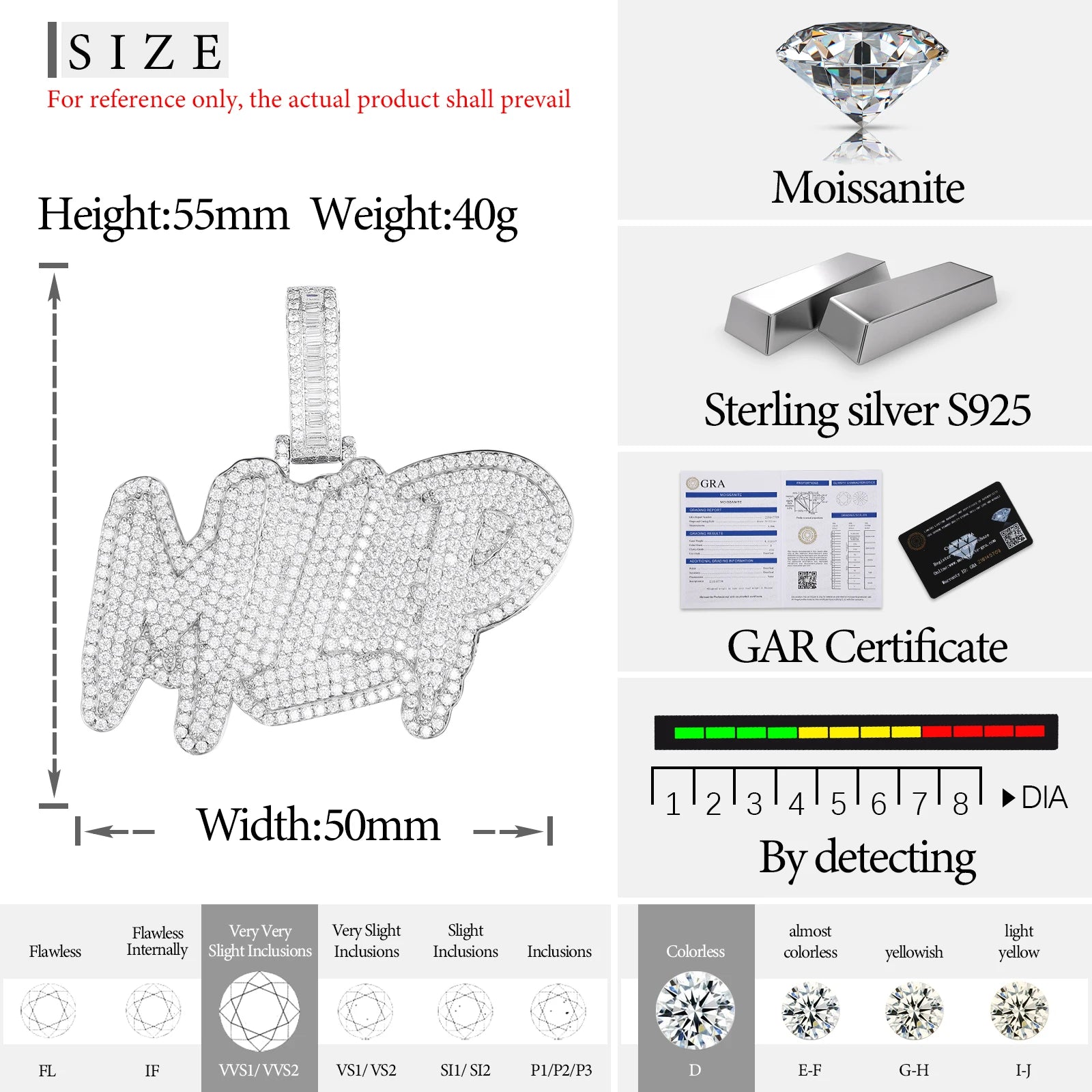 High Quality Custom Styles Letter Pendant Silver 925 Moissanite Iced Out Pendant For Men Hip Hop Jewelry Gifts