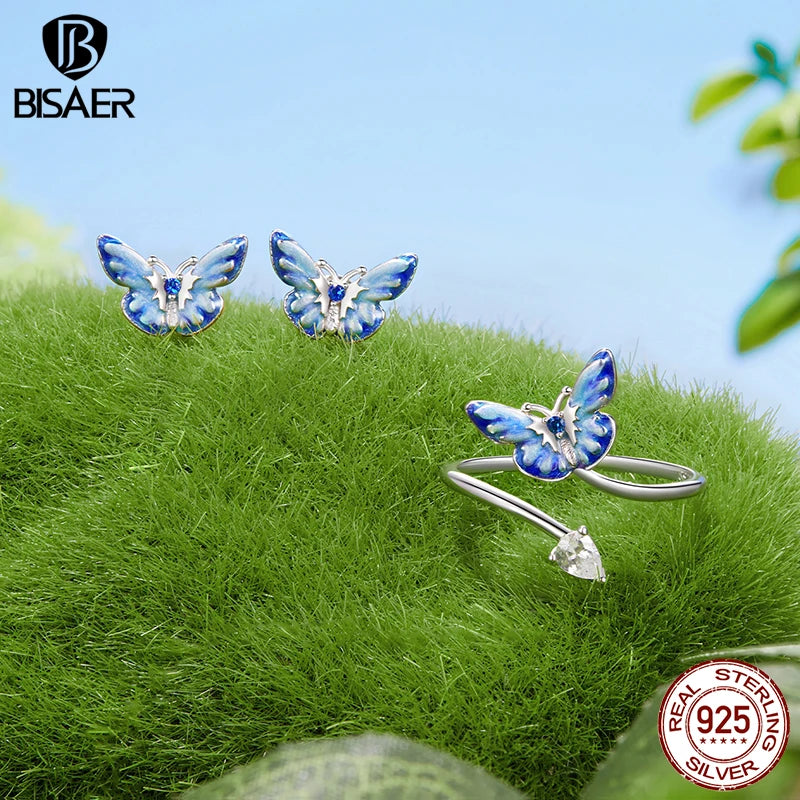 BISAER Real 925 Sterling Silver Butterfly Jewelry Set Bule Enamel Process Stud Earrings Open Ring For Women Party Fine Jewelry