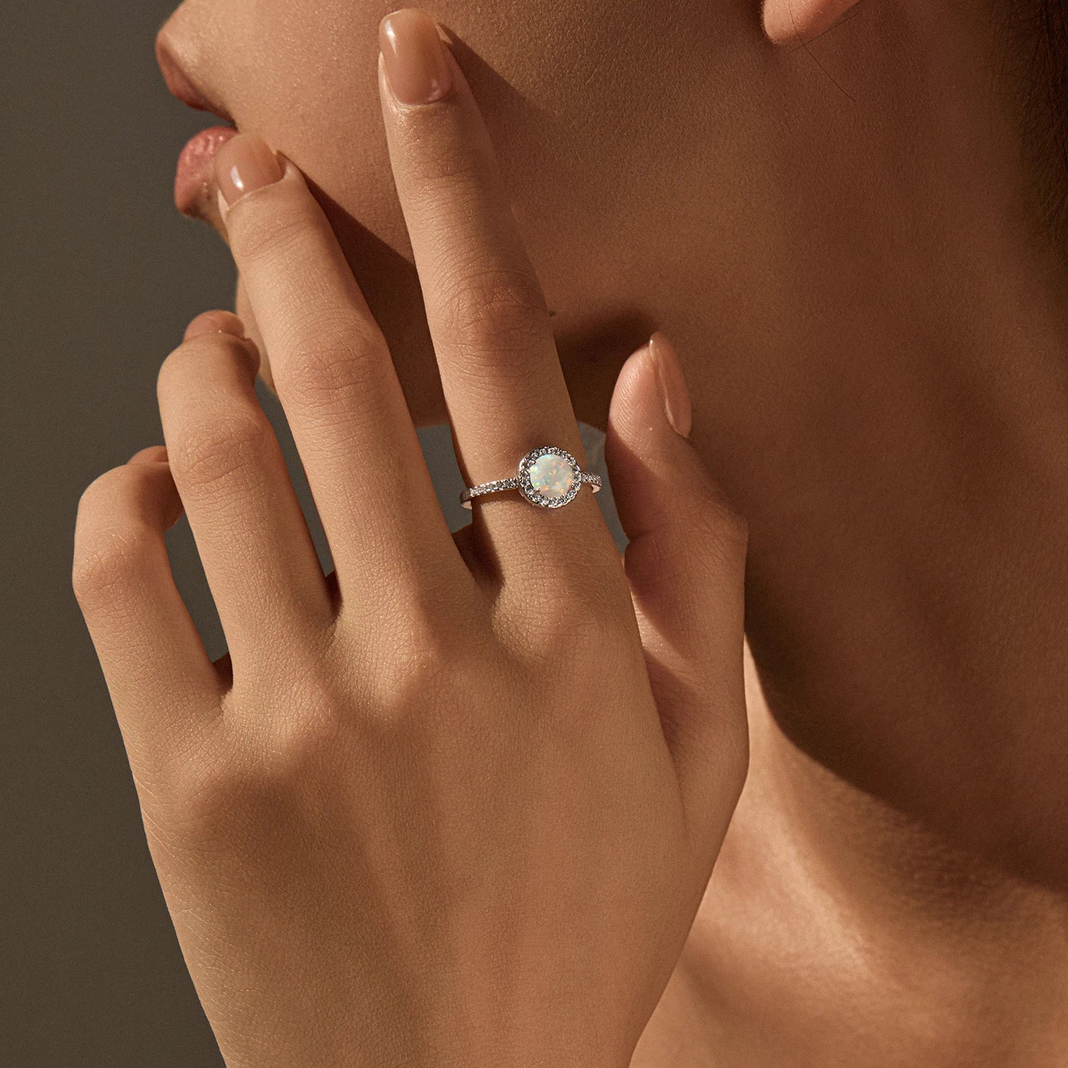 MODIAN Hepburn Style Jewelry Sets 925 Sterling Silver Elegant Round Opal Stud Earrings Thin Finger Rings For Women