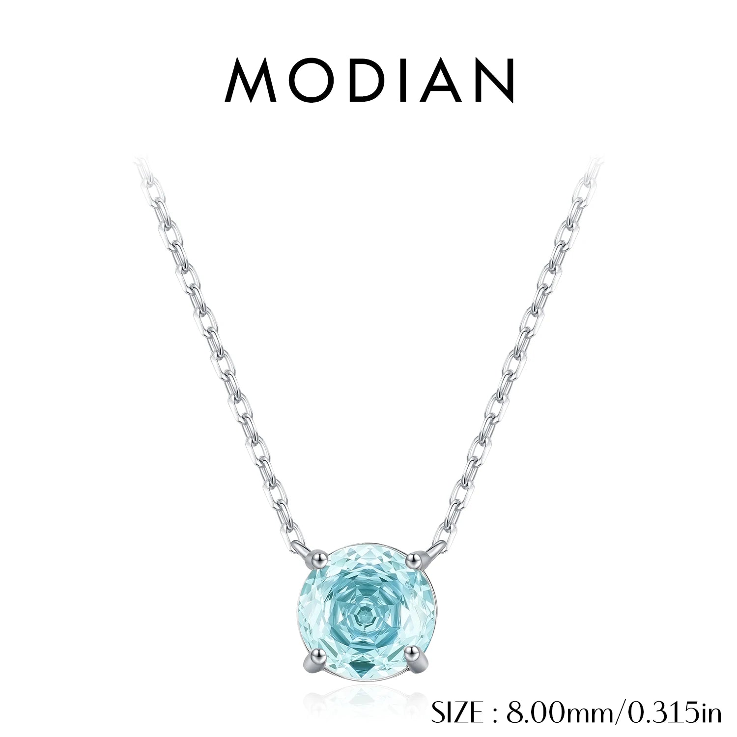 MODIAN 925 Sterling Silver 2 Sizes Classic Round Rose Cut Light Sea Blue CZ Pendant Necklaces For Women Fine Jewelry