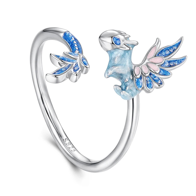 BAMOER 925 Sterling Silver Dragon Ring Adjustable Cute Animal Lover Jewelry Birthday Gifts for Women SCR1135-E