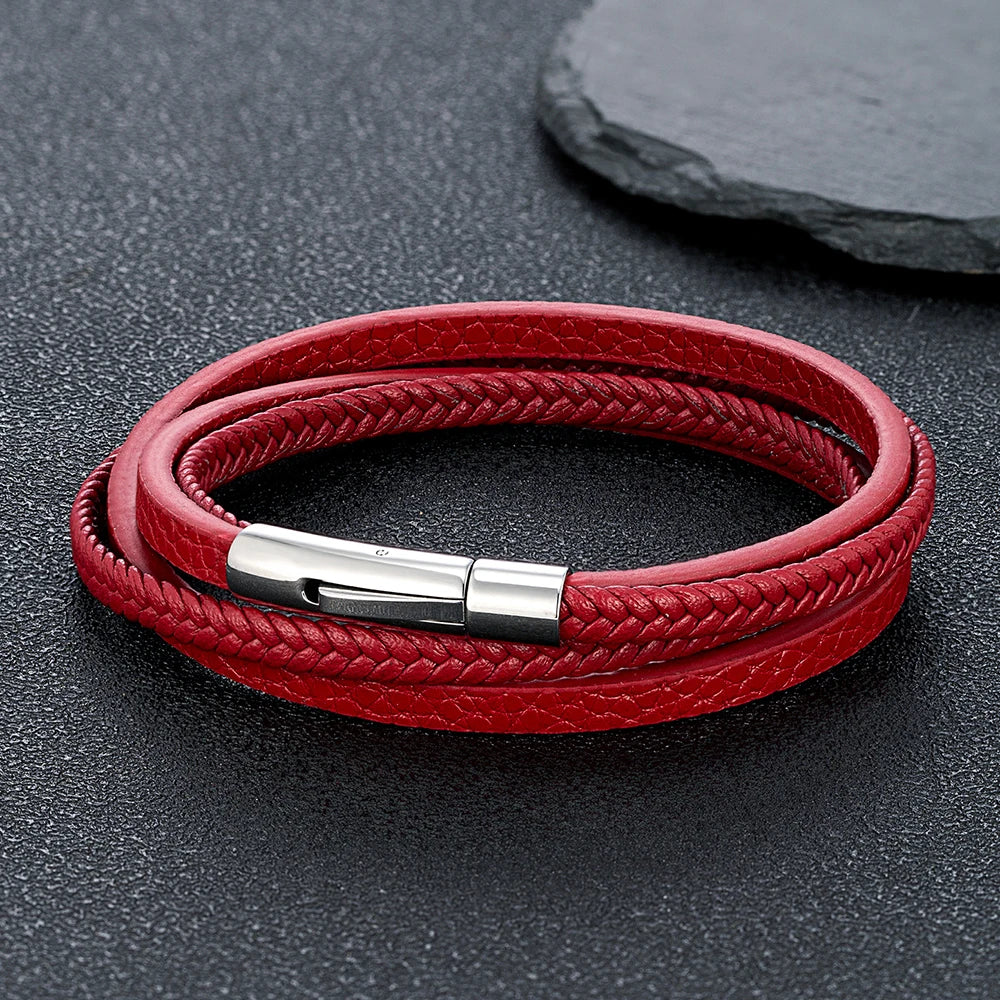 MKENDN Minimalist Men Double Strand Woven Orange Leather Bracelet Stainless Steel Button Buckle Accessories Handmade Jewelry