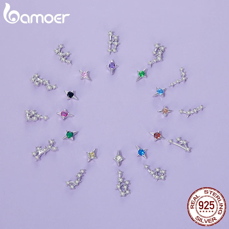 BAMOER 2025 NEW 925 Sterling Silver Zodiac Sign Earring Studs, Classic Constellation White Gold Plated Birthday Gift for Women