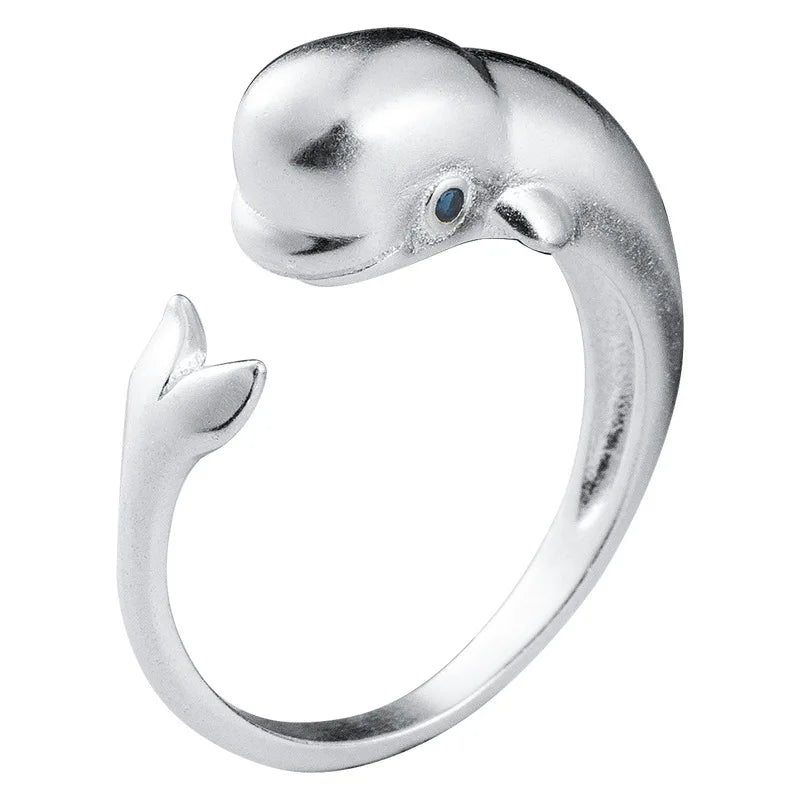 MKENDN Ocean Style 925 Sterling Silver Cute Beluga Ring Fashion Personality Stereoscopic Opening Adjustable Jewelry For Men Girl