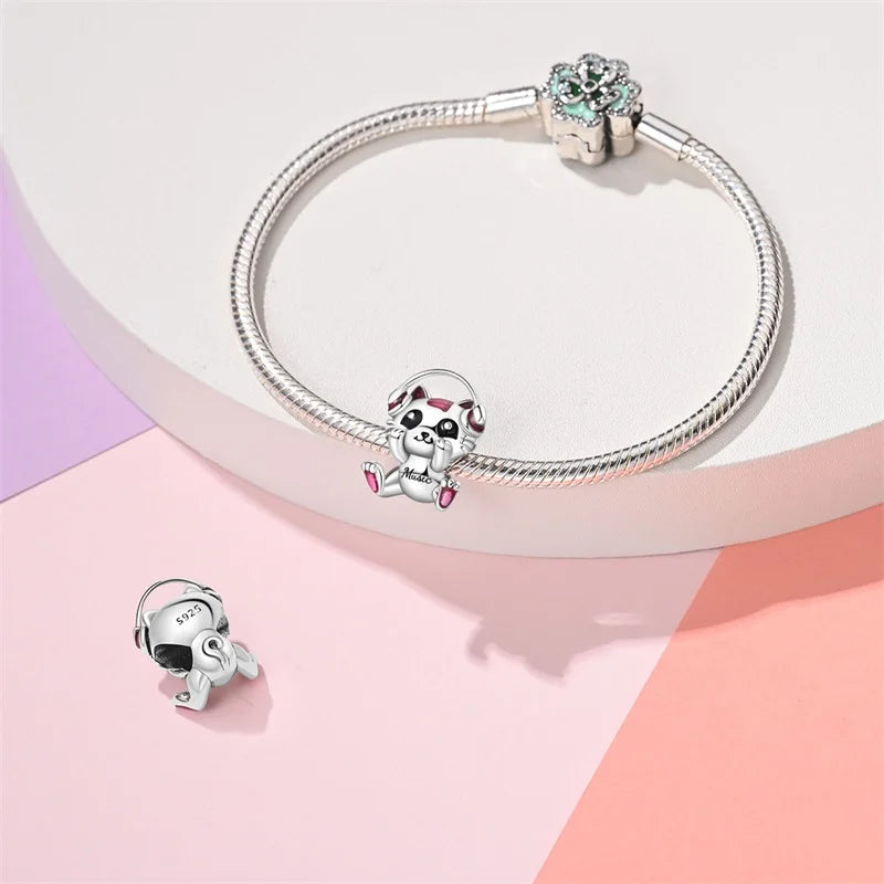New 925 Silver Pink Rabbit Bear Cat Dog Animal Charms Beads Fit 3mm 925 Original Bracelets Fine DIY Birthday Jewelry