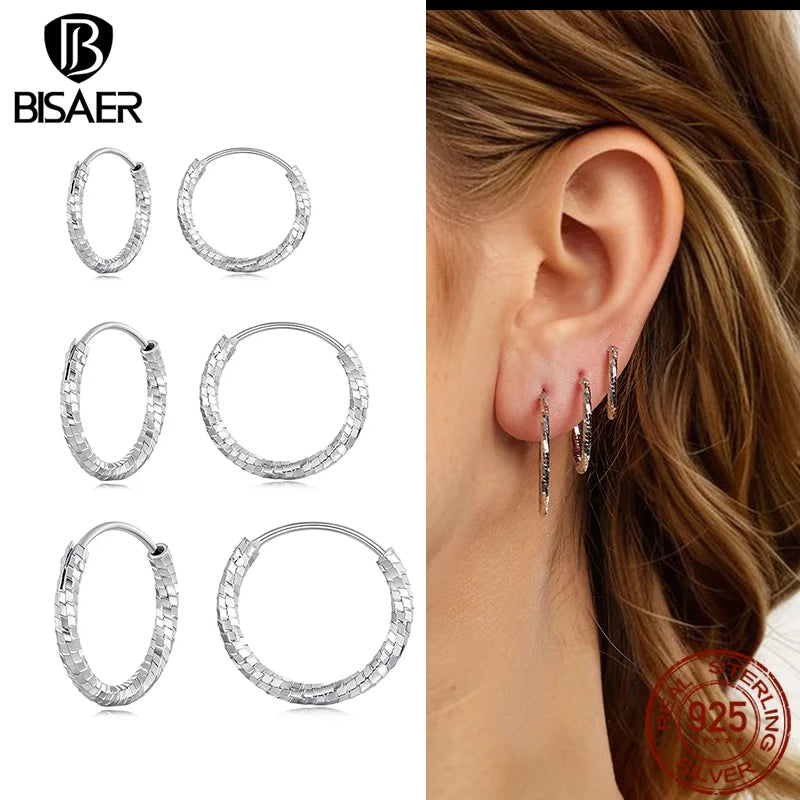 BISAER 925 Sterling Silver Frost Classic Circle Big Hoop Earrings Hypoallergenic Trendy for European Style Woman Fine Jewelry
