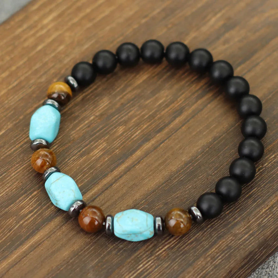 Stylish Turquoises Stone Strand Bracelet Men Women Handmade Tiger Eyes Hematite Healing Braslet Volcanic Rock Beaded Braclet