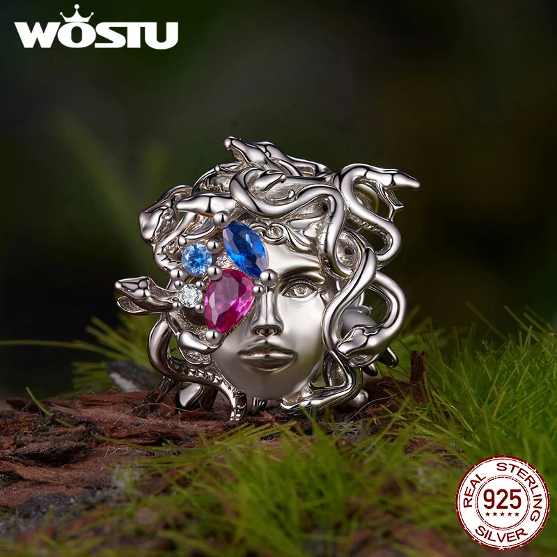 WOSTU 925 Sterling Silver Medusa Head Charm Snake Beads Rainbow Crystal Pendant  for Bracelet Making Unique DIY Gift