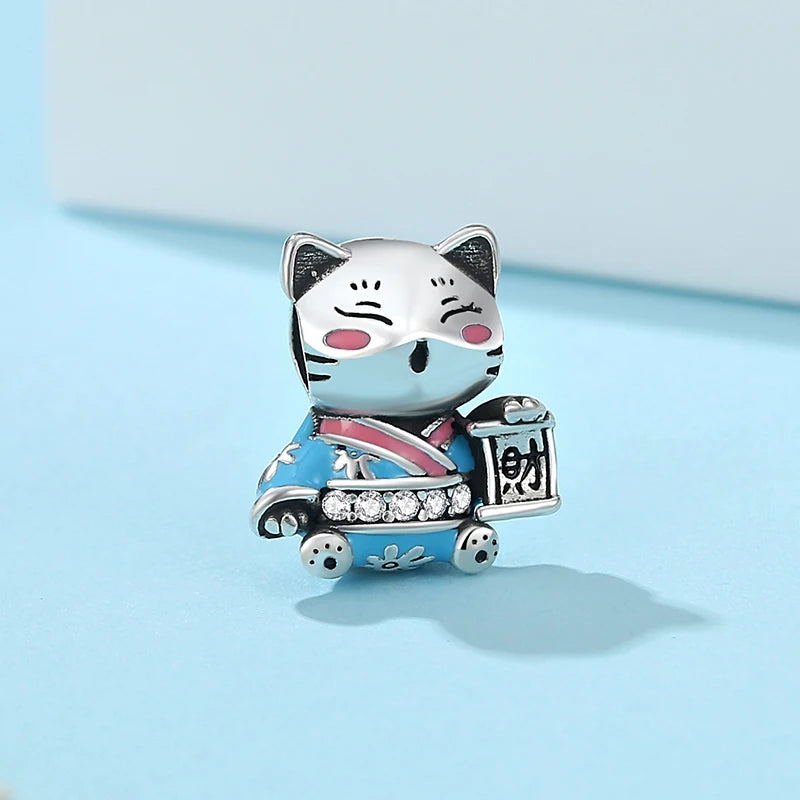 925 Sterling Silver Charms Beads Original Japanese Doll Fortune Cat Charm Fit Brand Bracelets Bangles DIY Jewelry For Women