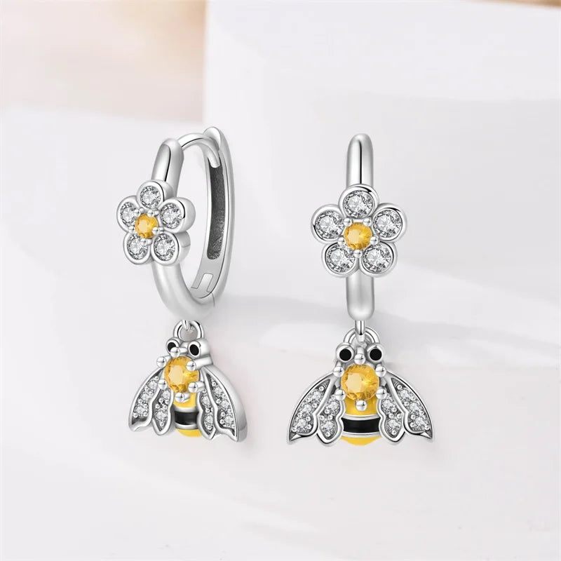 Springtime Earring For Women 925 Sterling Silver Bee Magritte Flower Butterfly Double Hoop Earrings Jewelry Fine New Year Gift
