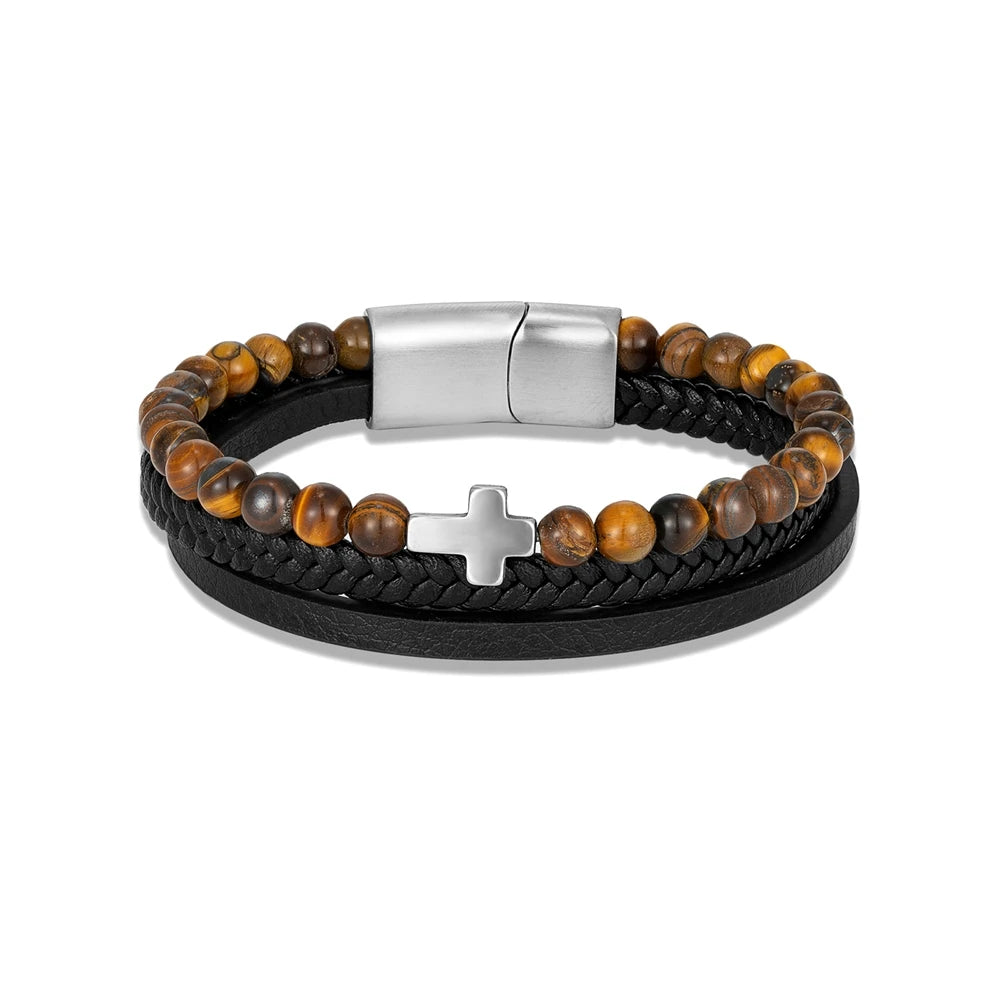 MKENDN Punk Men Cross Bracelet Multilayer Braid Leather Natural Stone Beaded Bracelet Stainless Steel Magnetic Clasp Bangle Gift