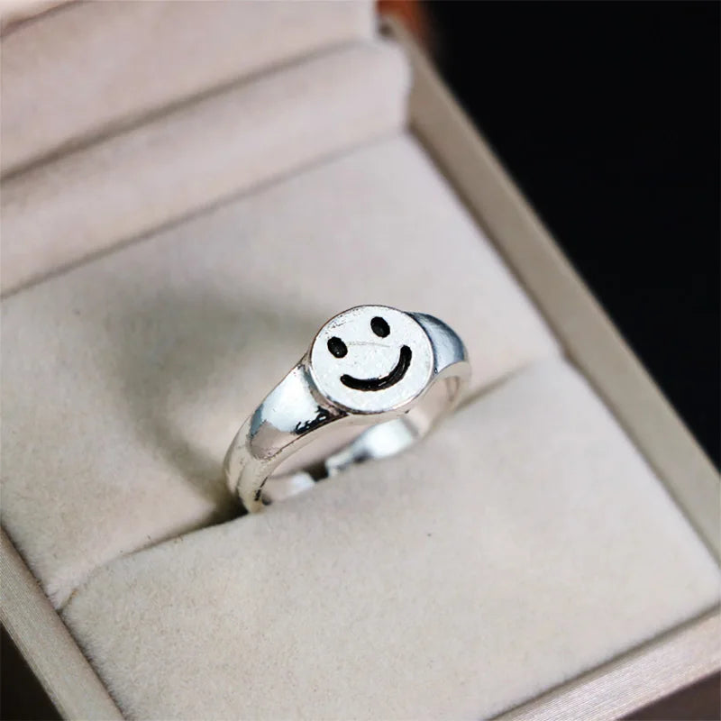 Retro Smile Face Ring For Men Women Silver Color Punk Gothic Rock Hiphop Open Ring Handmade Designer Jewelry Unisex Accessories