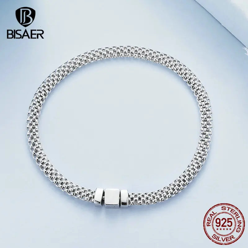 Bracelet à boucle carrée classique BISAER 100 % argent sterling 925 à maillons de chaîne tressés rétro pour femmes, bijoux fins plaqués platine
