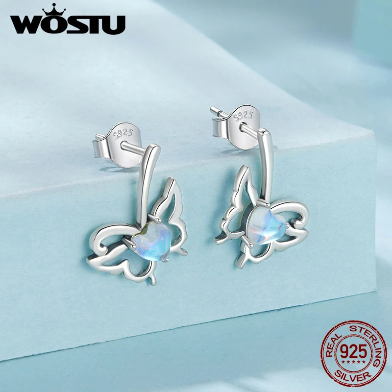 WOSTU 925 Sterling Silver Moonlight Butterfly Stud Earrings The Wings of Dragonfly Vivid for Women Birthday Fine Jewelry Gift