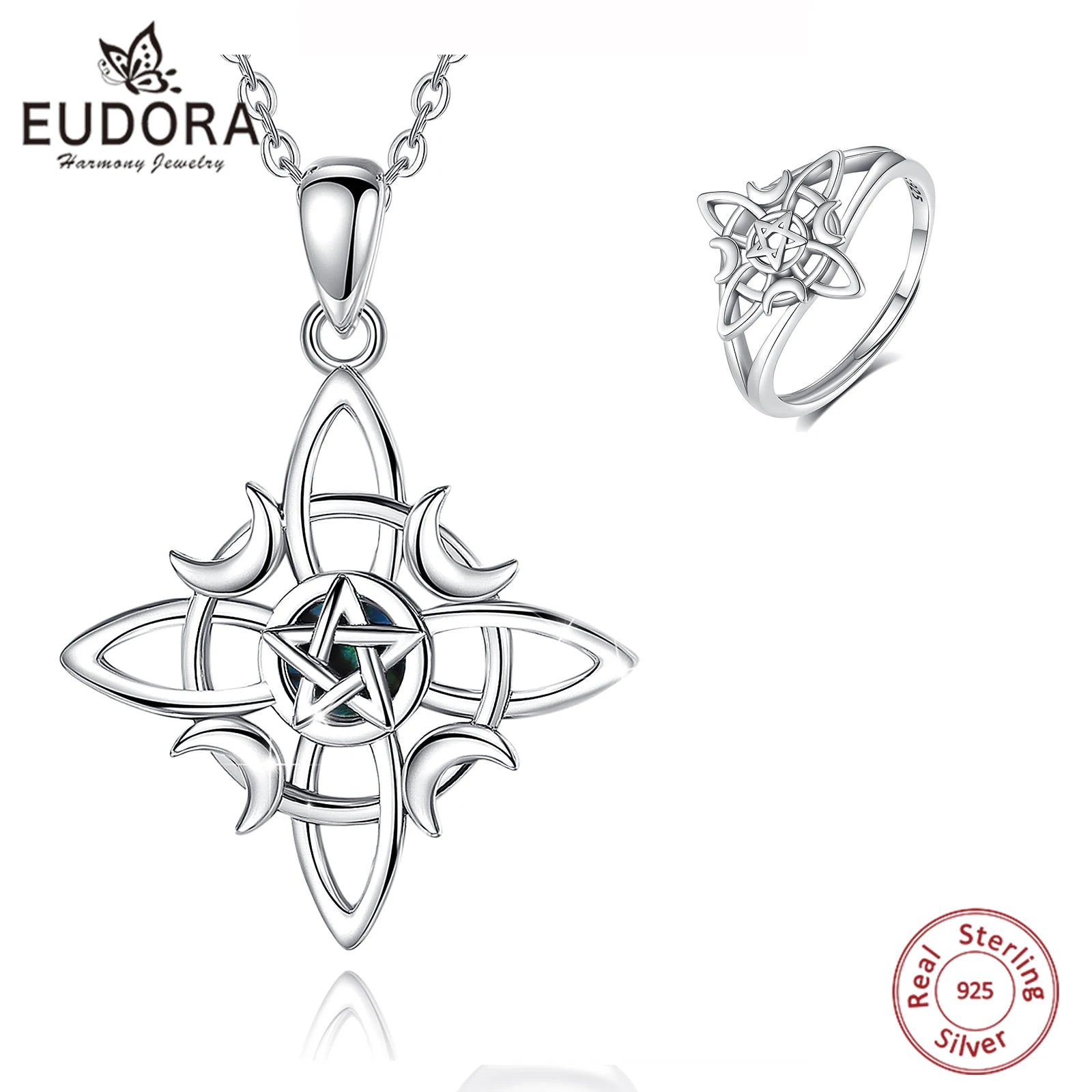 Eudora 925 Sterling Silber Hexenknoten Schmuckset Mond Wicca Amulett Halskette Armband Ohrringe &amp; Ring Feines Geschenk für Frauen