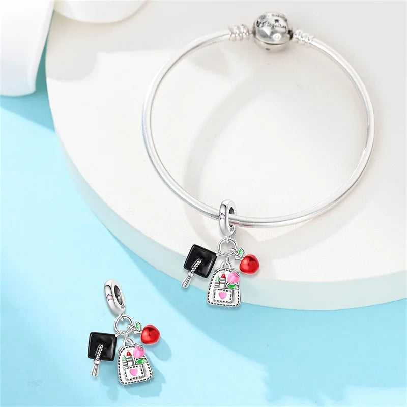 Original 925 Sterling Silver Charms Beads Graduation Season College Entrance Bachelor's Cap Pendant for Bracelet Charm Jewelry