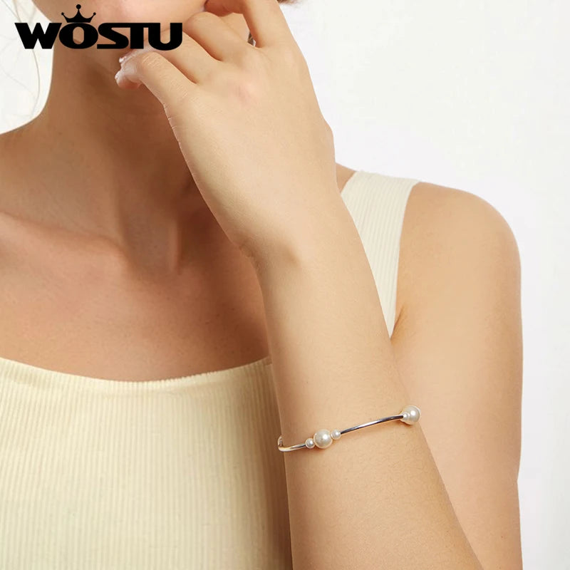 WOSTU 925 Sterling Silver Pearl Bracelet For Women Wedding Jewelry Accessories Stretchable Bangle Bracelets Mom's Gif 2025 New