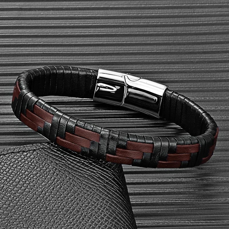 MKENDN Punk Men Multilayer Braid Genuine Leather Bracelet Titanium Stainless Steel Magnetic Buckle Bracelet Homme Pulseras