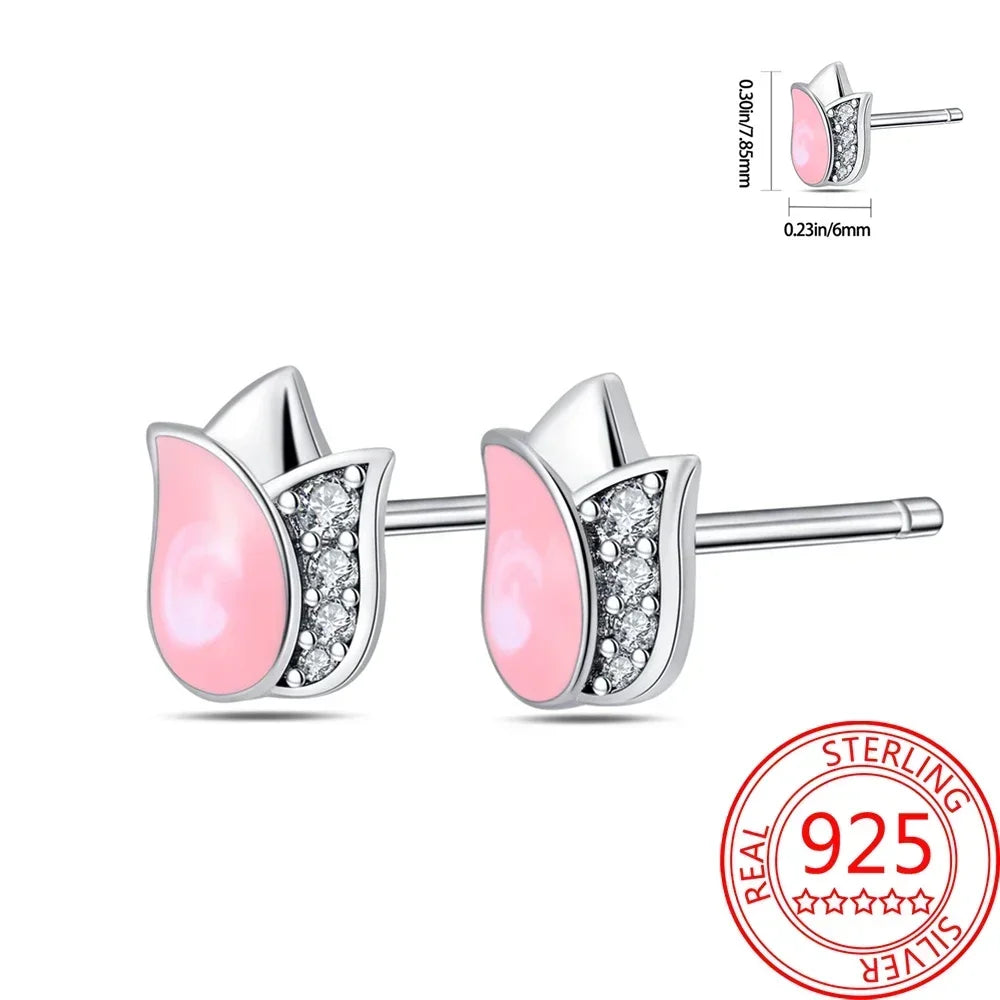Pink Series 925 Sterling Silver Romantic Flower Butterfly Unicorn Tulip Geometry Earrings Boutique Fine Jewelry Gifts for Women