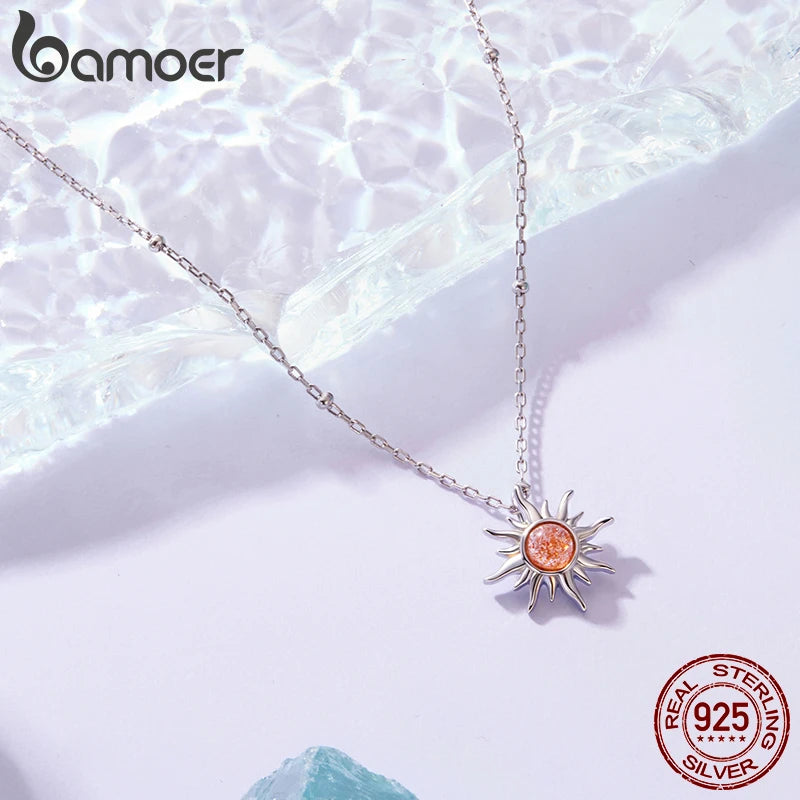 BAMOER 925 Sterling Silver Golden Sun Necklace Natural Sunstone Gem Pendant Necklace Beads Link Chain Women Mother Lucky Gift