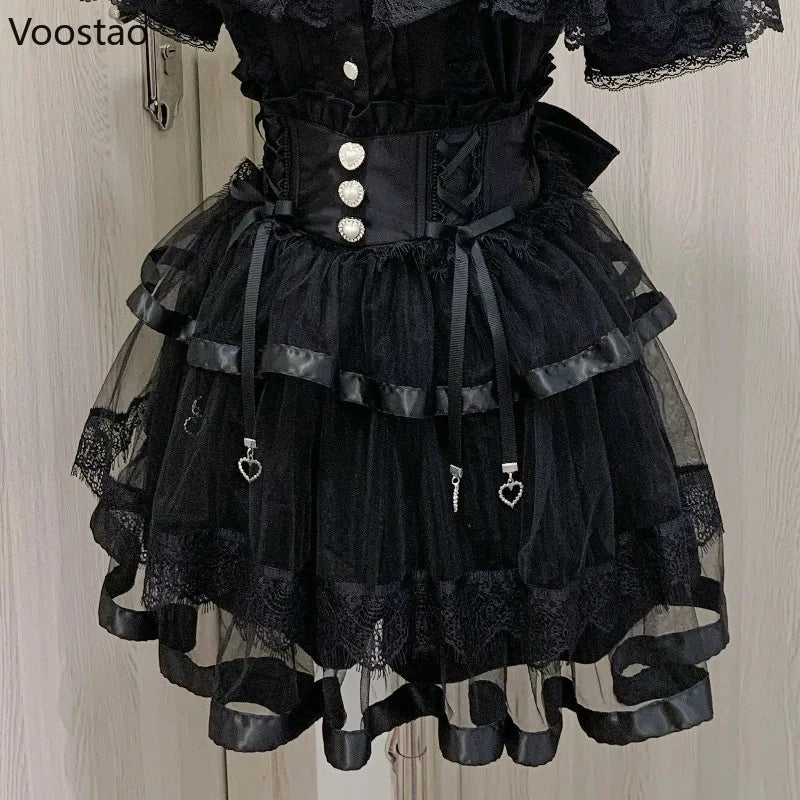Japanese Gothic Lolita Style Rhinestone Mini Skirt Women Punk Slim Bandage Cake Skirt Girls Sweet Y2k Mesh Skirts Faldas Mujer