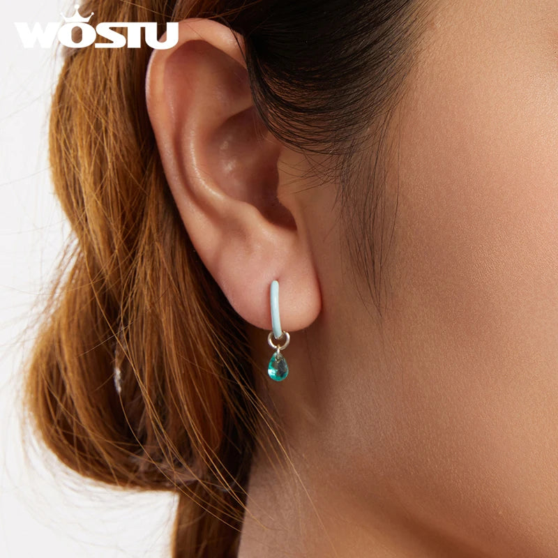 WOSTU 925 Sterling Silver Green Crystal Drop Dangle Earrings For Women Summer Jewelry Hoop Earrings Lady Holiday Pendientes Gift