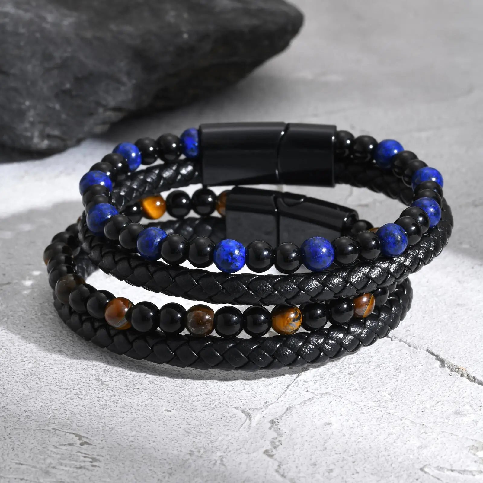 Vnox Tiger Eye Stone Bracelet Men, Blue Black Beads Bracelets, Black Braided Leather Bangle Gift for Dad Fathers Day - Madeinsea©