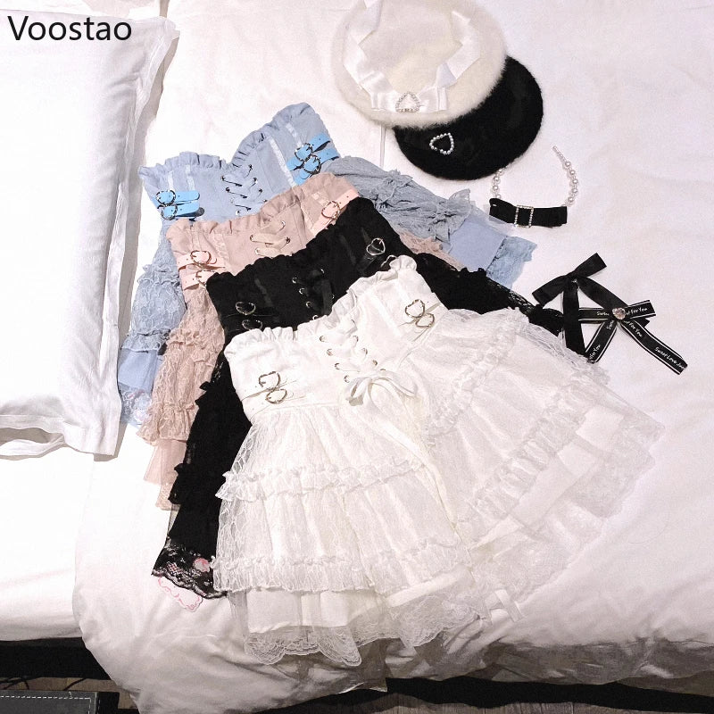 Japanese Sweet Lolita Style Mini Skirt Women Elegant Lace Bandage Party Cake Skirts Female Gothic Y2k Metal Buckle Short Skirt