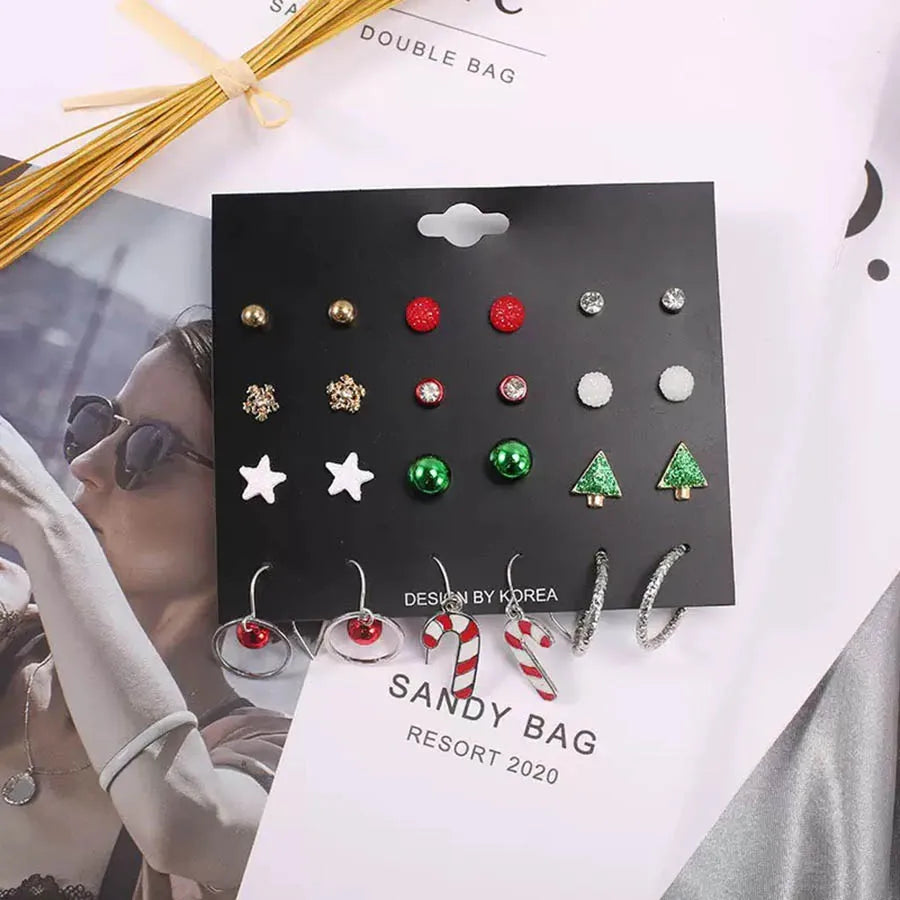New Super Economical Earring Set 12 Pairs Per Pack Elk Snowman Socks Crutches Christmas Stud Ear Ring Pendant Casual Accessories