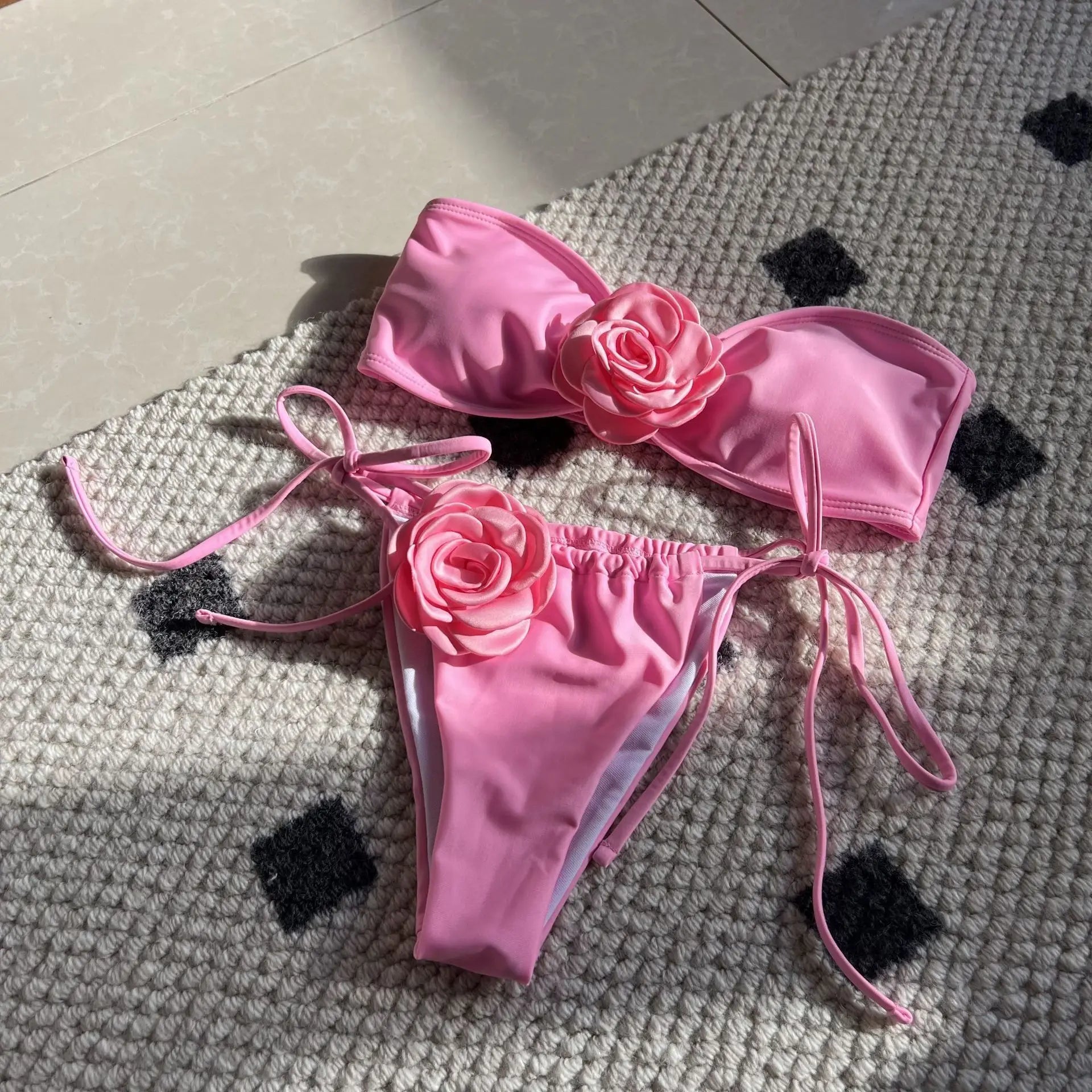2025 New Solid Rose Bra with Drawstring Strap Split Swimsuit Bikini 9150